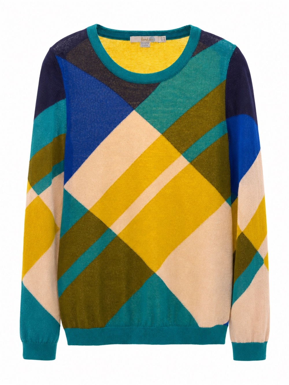 Boden Geometric Wool Cotton Crewneck Sweater Blue Yellow Green US 8